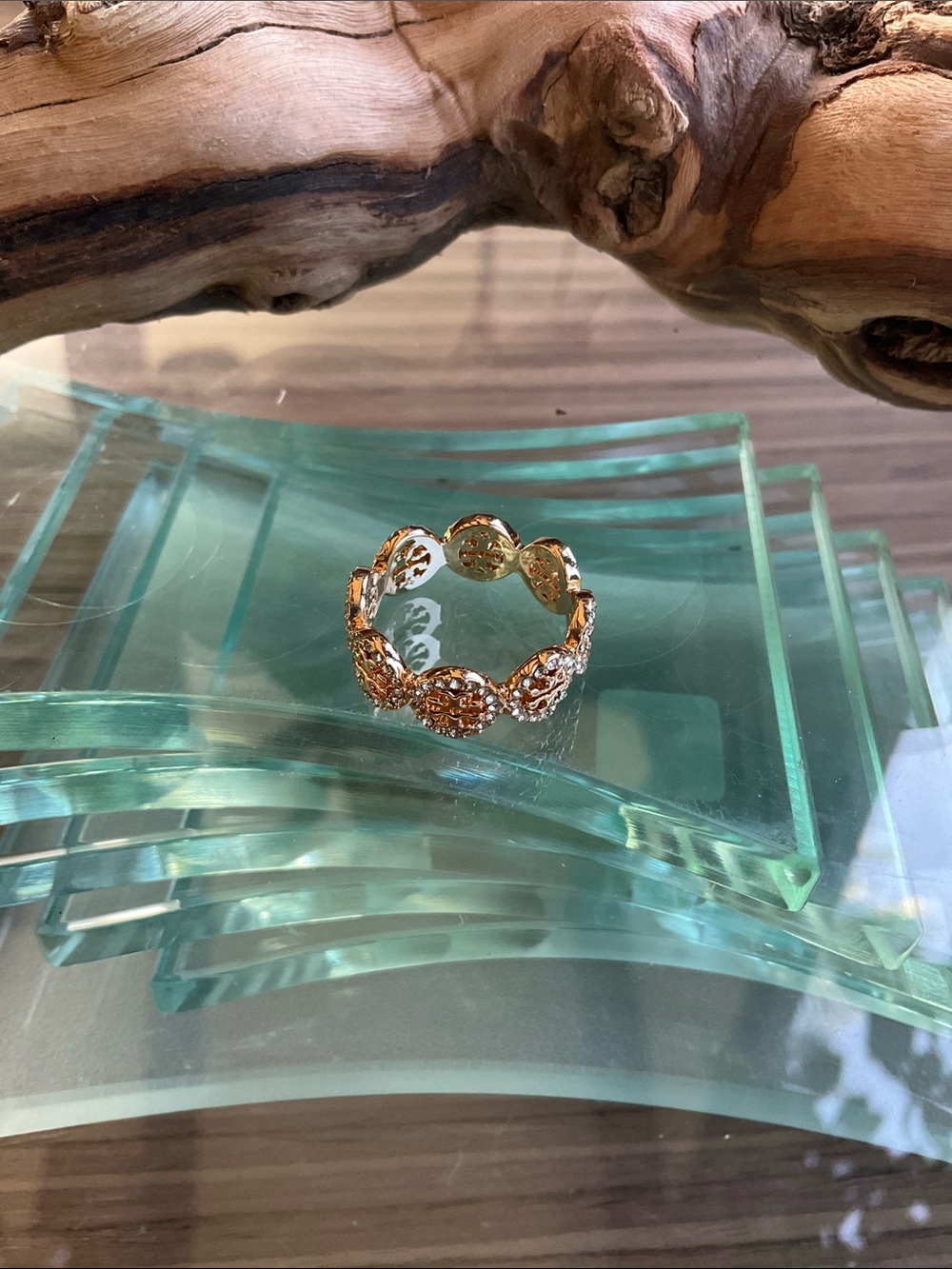 Tory Burch Rose Gold Pave Disc Link Ring Size 7